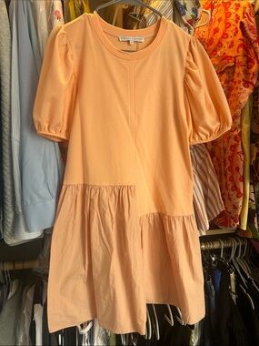 English Factory Peach Short Puff-Sleeve Tiered Mini Dress